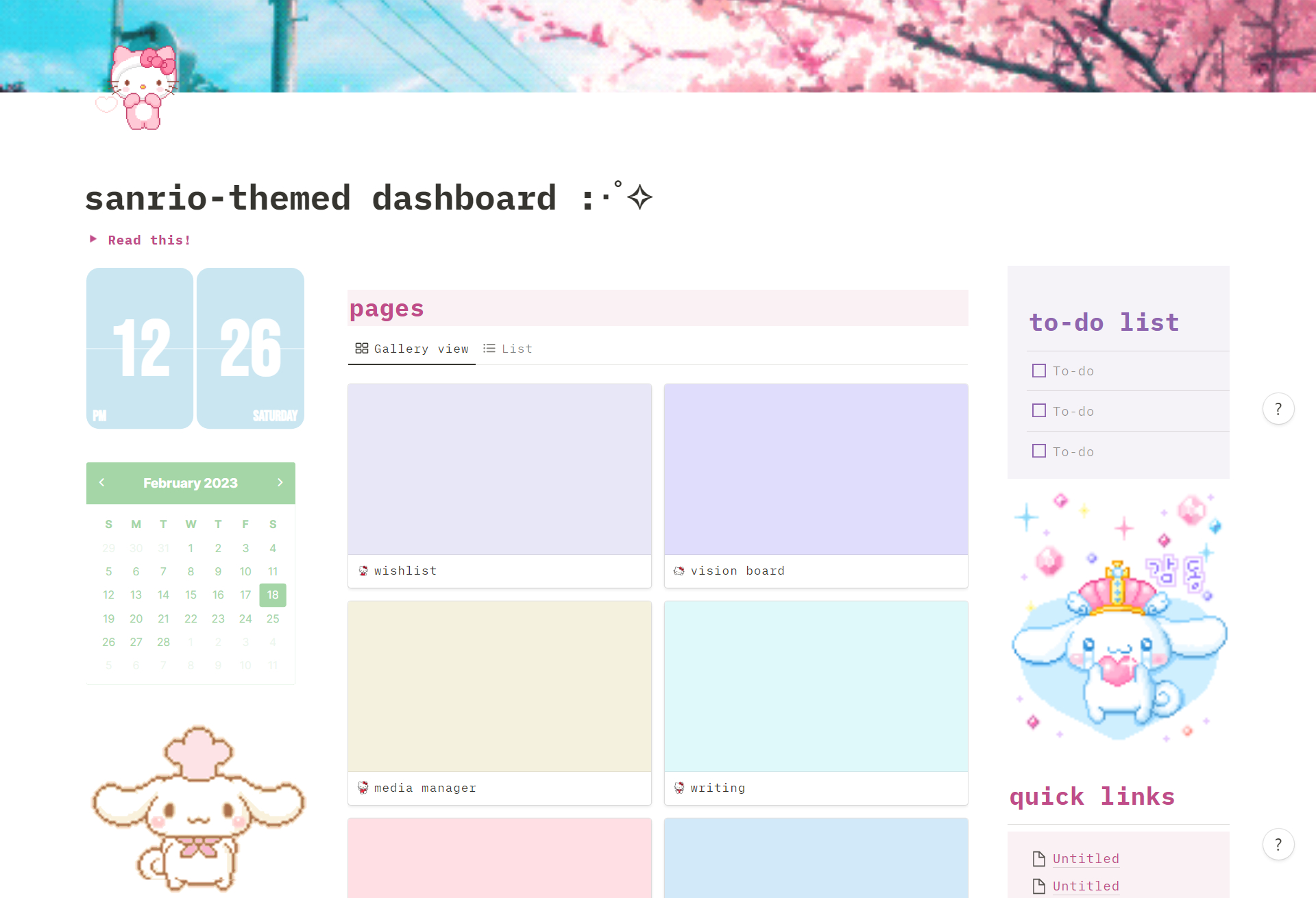Sanrio (Hello Kitty) Pastel Notion Dashboard Template